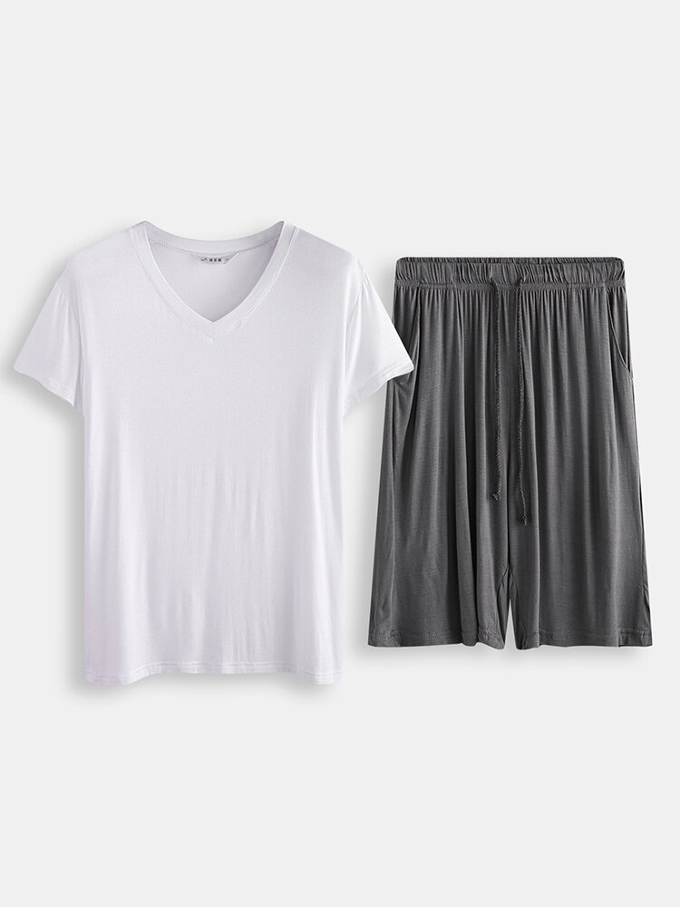 Men Plain Short Sleeve Pajamas Set Two Pieces Casual Loungewear