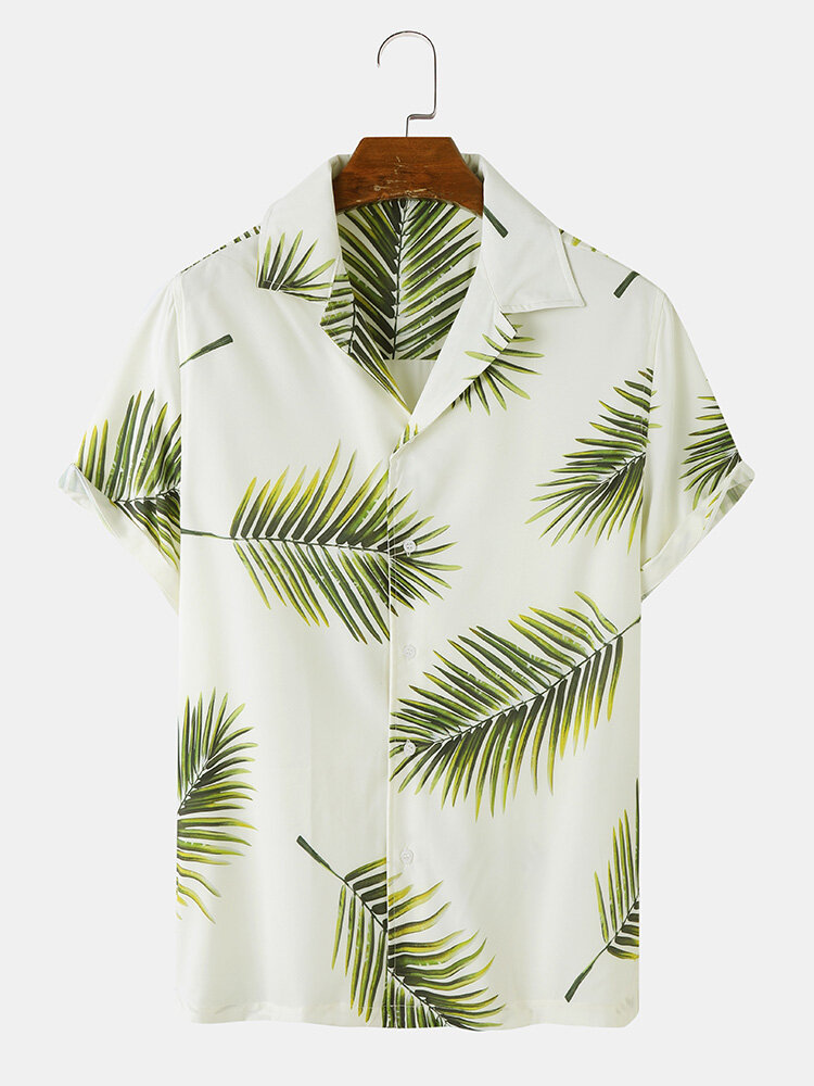 Mens Tropical Leaf Print Side Split Revere Short Sleeve Shirts