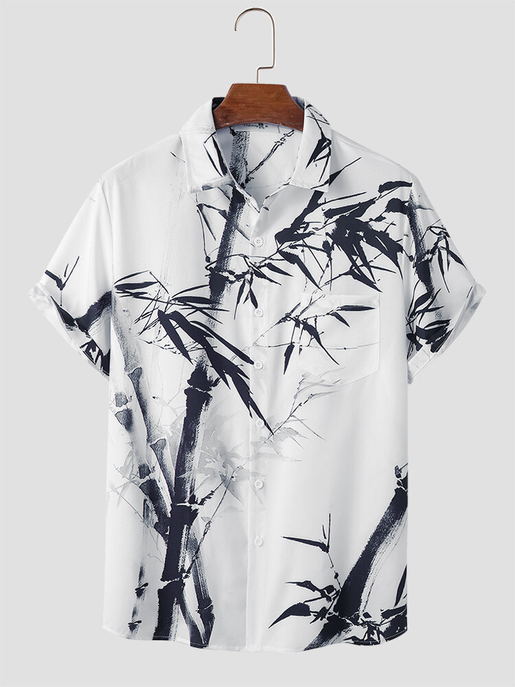 Camisas de manga corta con solapa y estampado de bambú con tinta china para hombre