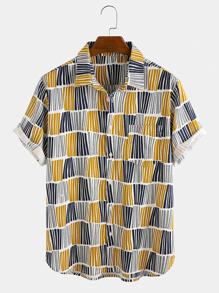 Mens Cotton Colorful Striped Lightweight Breathable Short Sleeve Shirt
