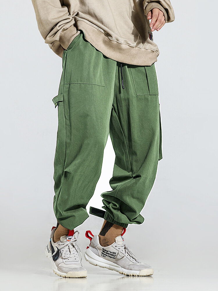 Mens Solid Color Multi-pocket Drawstring Elastic Waist Casual Hip-hop Jogger Pants
