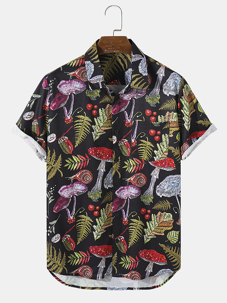 Mens Multi Mushroom Print Chest Pocket Short Sleeve Shirt