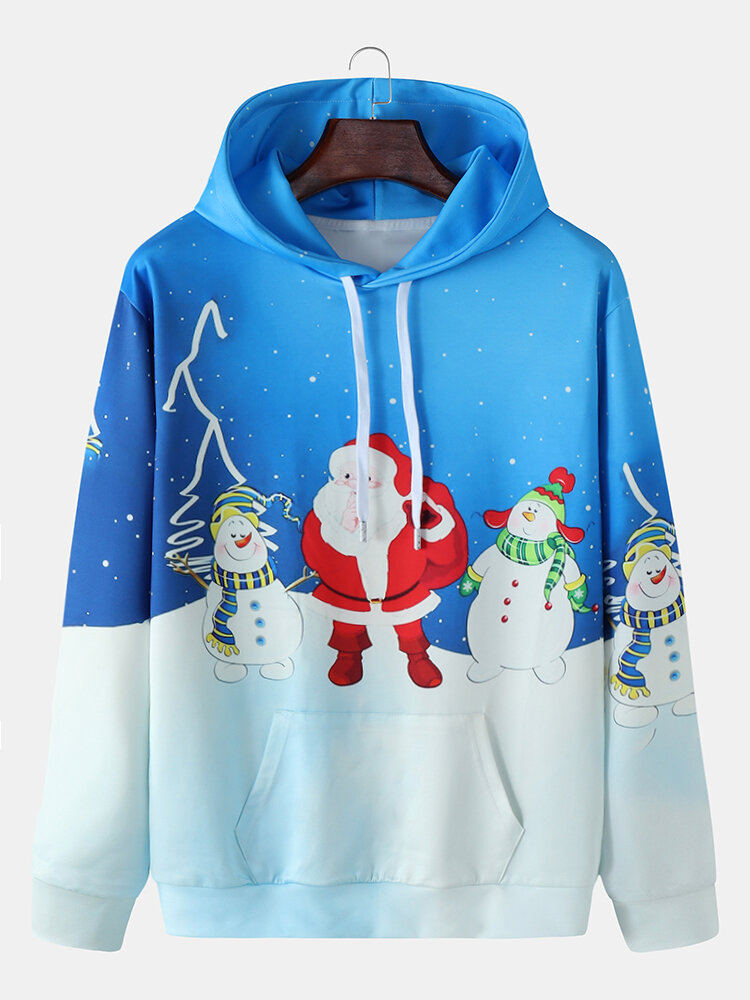 Mens Christmas Santa Claus Snowman Print Casual Drawstring Hoodies