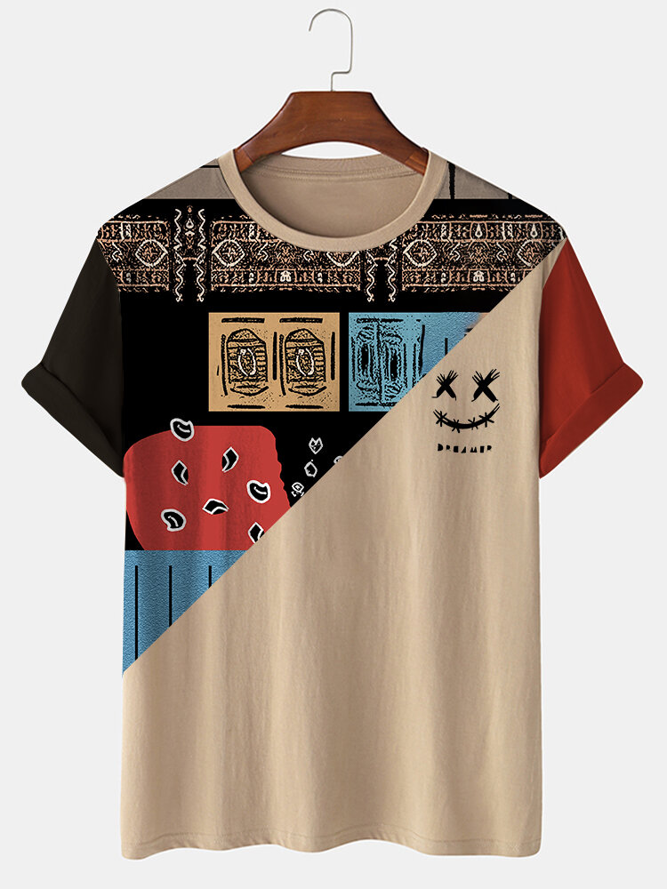 

Mens Smile Ethnic Tribal Pattern Patchwork Short Sleeve T-Shirts, Khaki