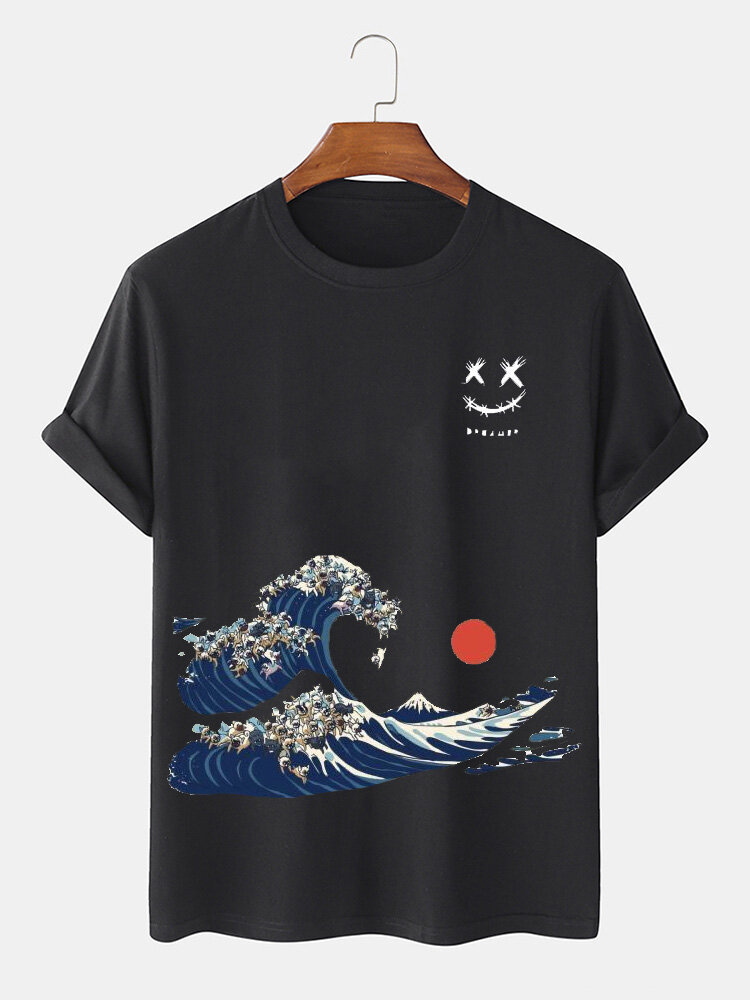 Mens Smile Japanese Wave Print Crew Neck Short Sleeve T-Shirts