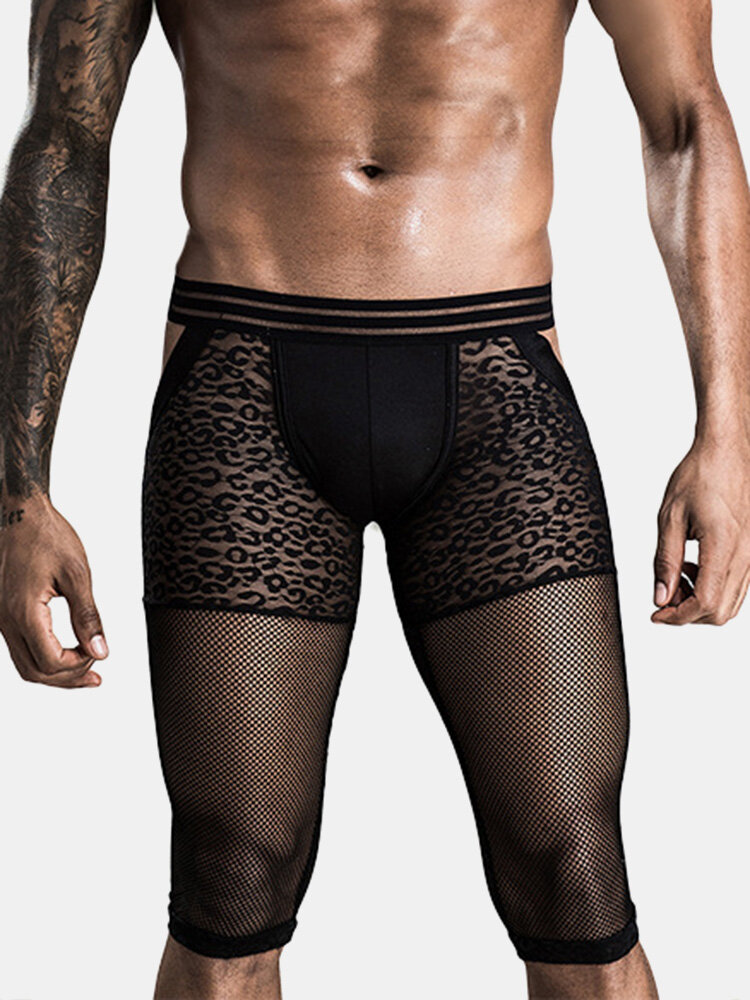 

Men Floral Mesh Patchwork Crotchless See Through Thin Sexy Underwear, Black