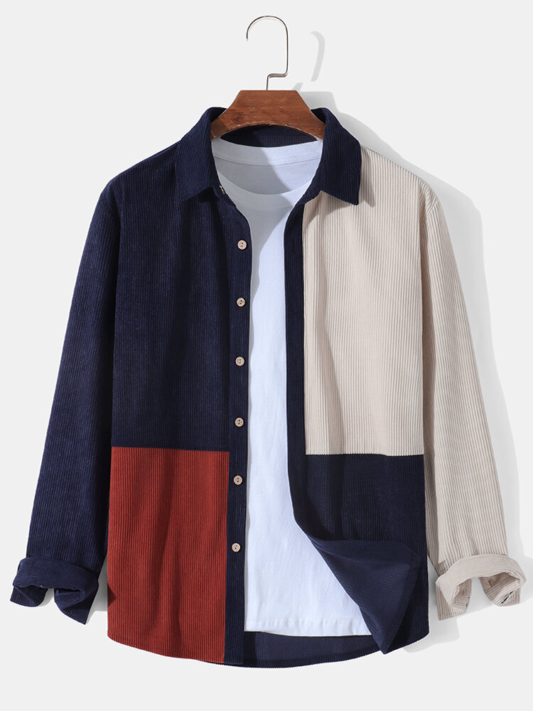 Mens Color Block Patchwork Button Up Corduroy Long Sleeve Shirts