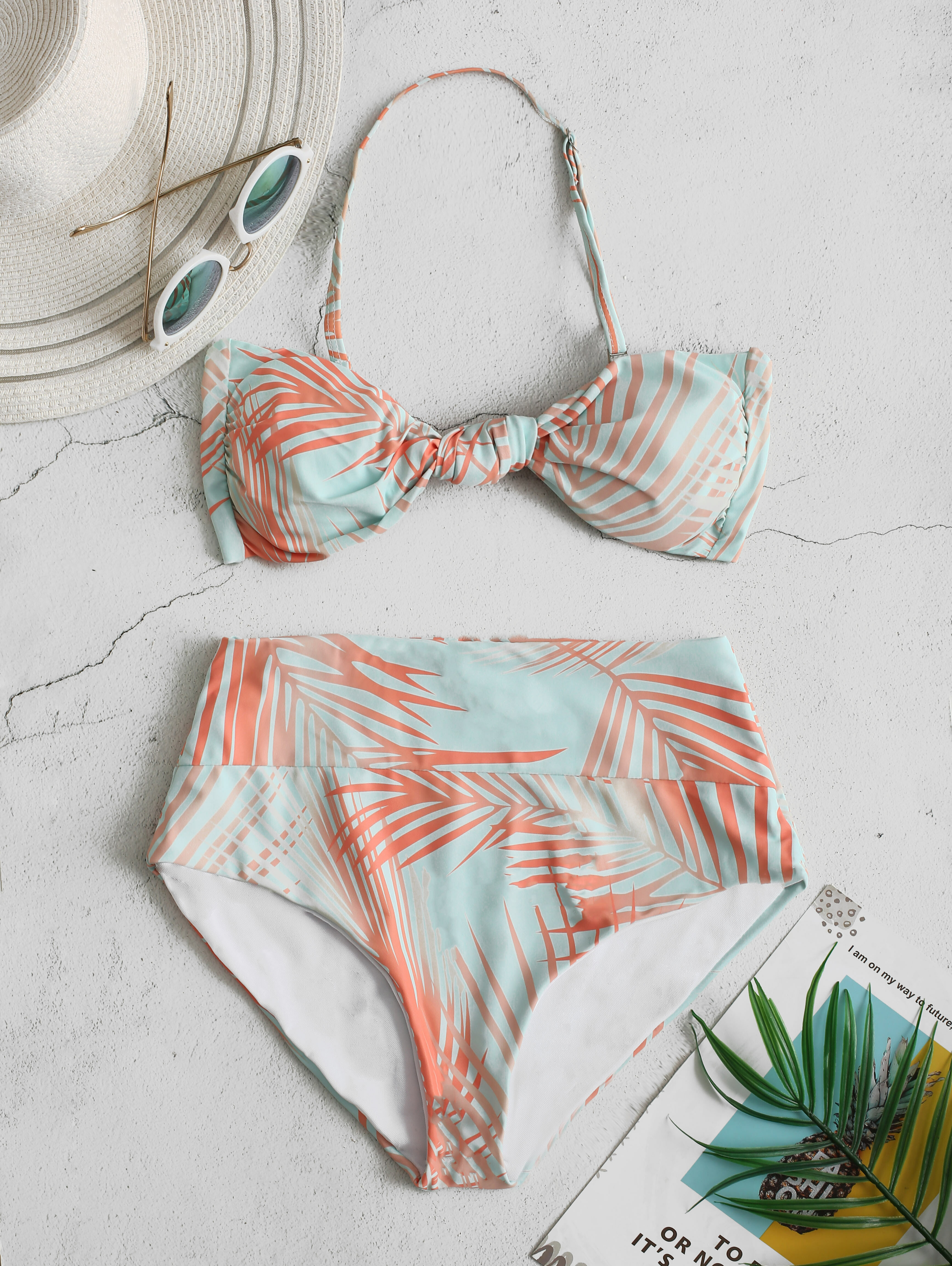 High Waist Bikinis Tropical Print Halter String Bowknot Women Swimsuits