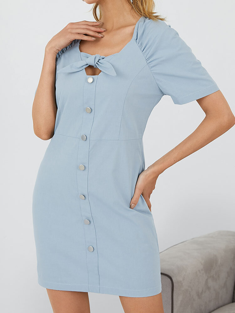 Women Solid Color Button Elastic Waist Bowknot Short Sleeve Casual Mini Dress