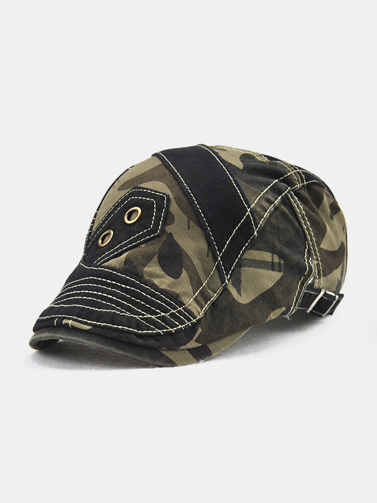 

Men Pure Cotton Camouflage Patchwork Beret Caps Outdoor Visor Peaked Cap Forward Hat Adjustable, Black;grey;beige;coffee