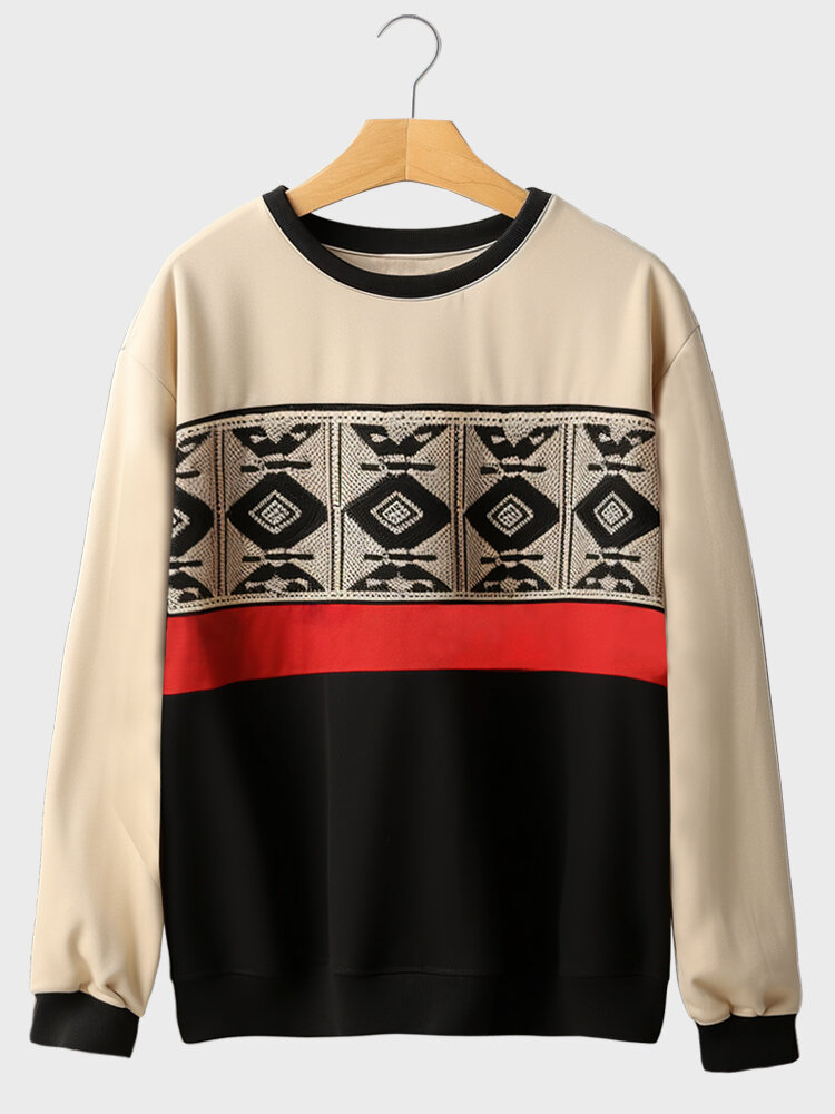 Mens Vintage Geometric Print Patchwork Crew Neck Pullover Sweatshirts Winter