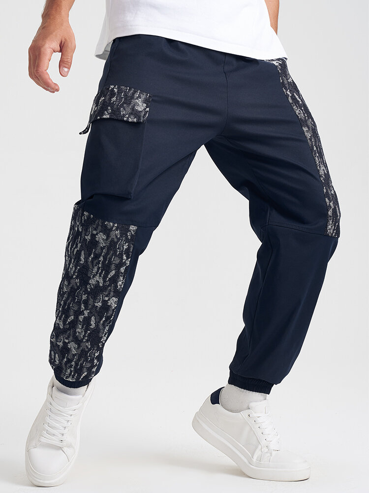 Mens Two Tone Patchwork Drawstring Waist Loose Cuffed Cargo Pants