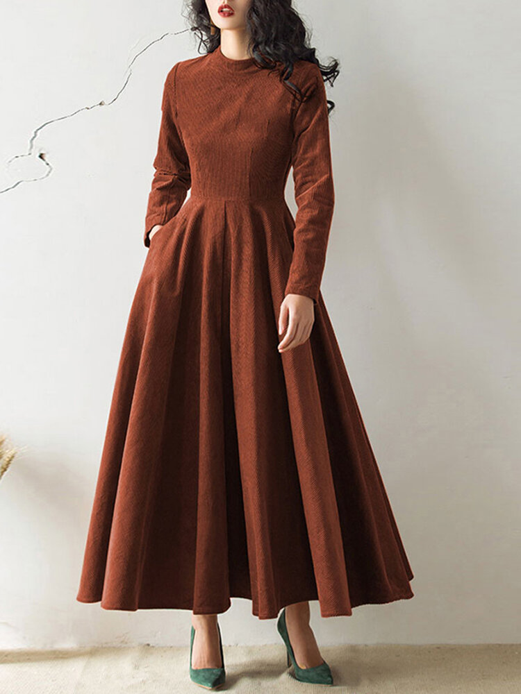 Women Solid Stand Collar Corduroy Long Sleeve Casual Dress