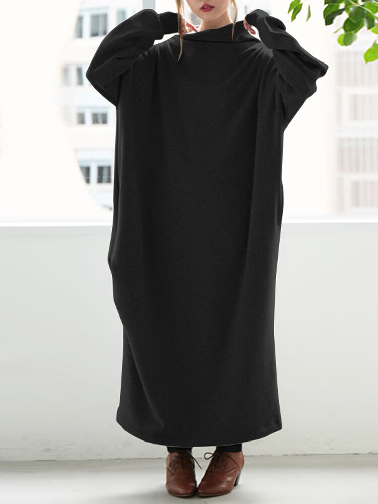 Solid Color Half Collar Long Sleeve Pocket Dress