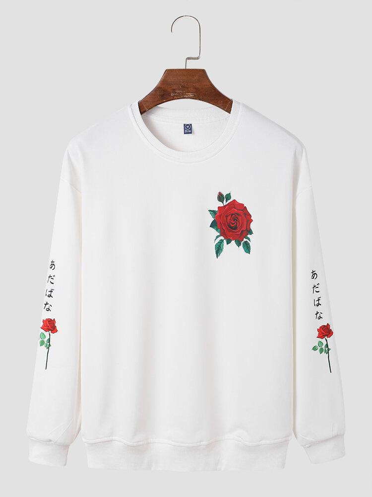 Mens Rose Japanese Sleeve Print Drop Shoulder Casual Pullover Sweatshirts