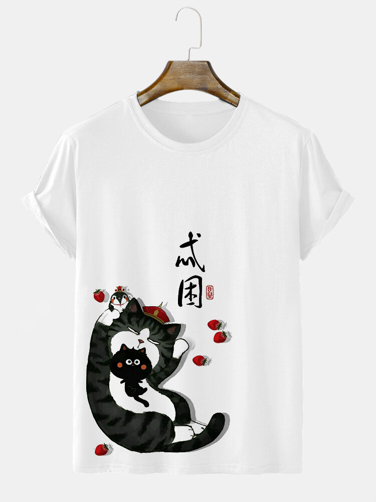 Camisetas masculinas de manga curta com estampa de morango e gato desenho animado inverno