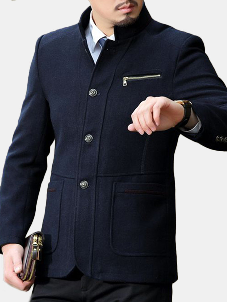 Men's Stylish Casual Business Woolen Chest Zipper Slim Fit Stand Collar  Jacket