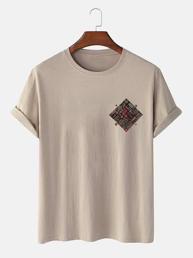 Mens Ethnic Geometric Chest Print Short Sleeve Cotton T-Shirts
