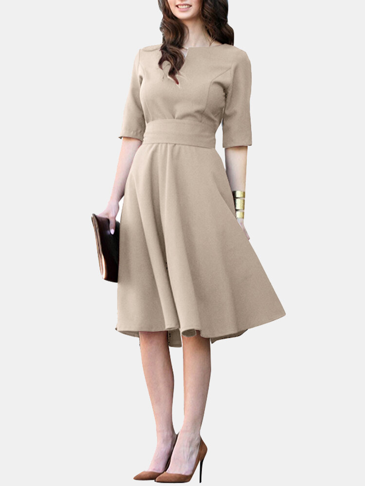 Solid Tie Back Half Sleeve Notch Neck Casual Dress