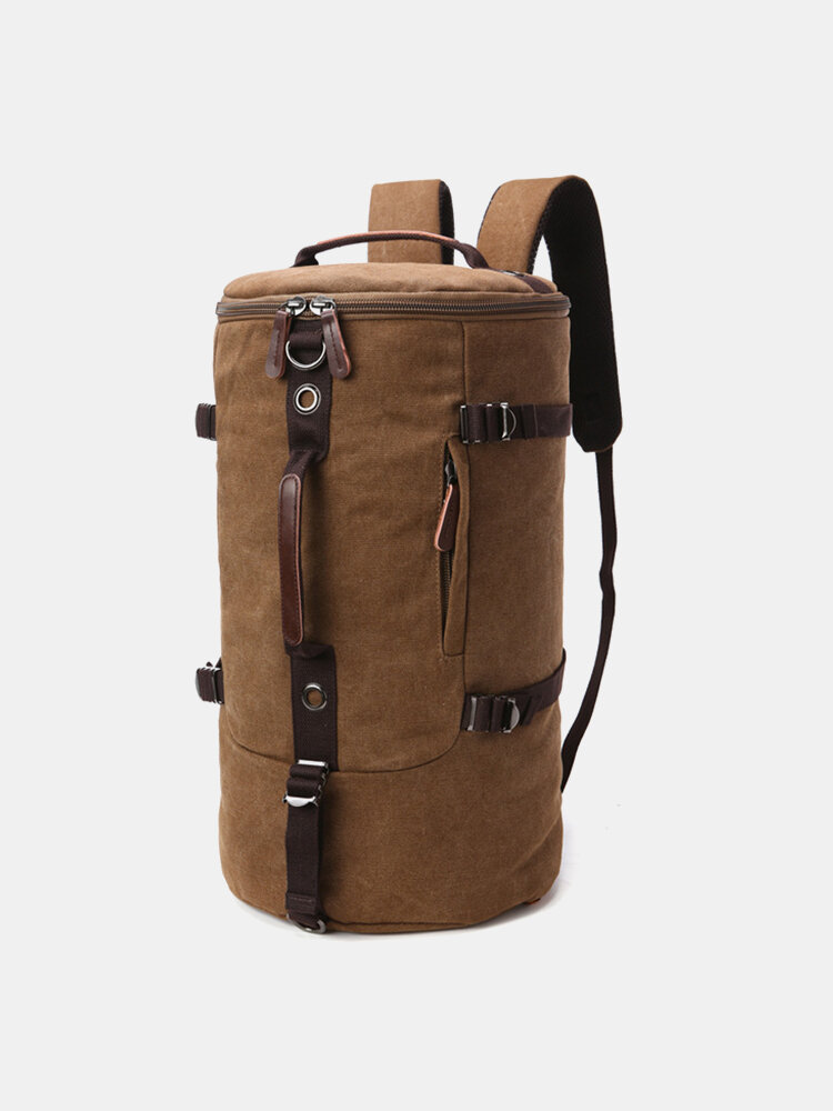 Men Vintage Canvas Large Capacity Multi-Carry Solid Color Cylinder Casual Backpack