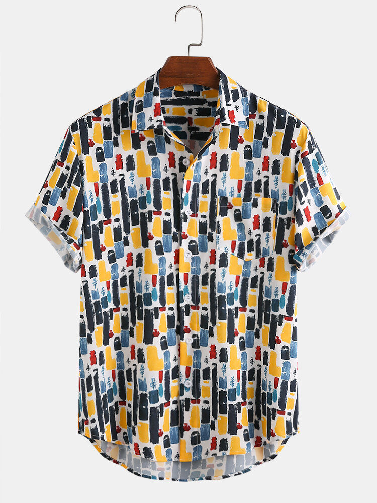 Mens Cool Graffiti Stripe Chest Pocket Breathable Short Sleeve Shirts