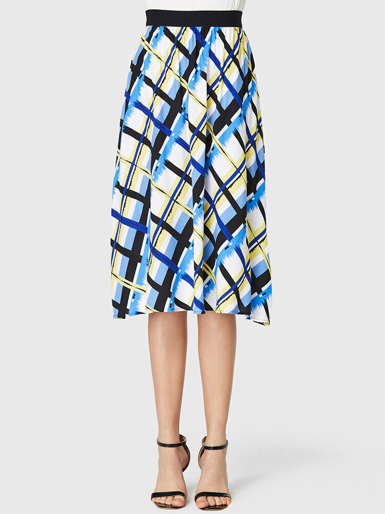 Plaid Print Elastic Waist Mid-length Casual Skirt for Women
