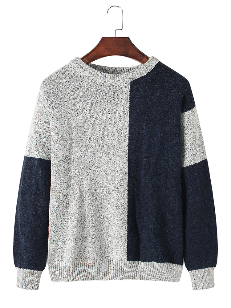 Mens Color Block Patchwork Rib-Knit Cotton Casual Long Sleeve Sweaters