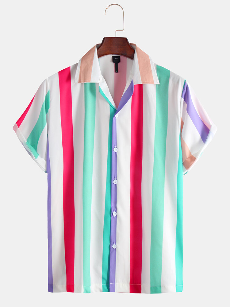 Mens Colorful Rainbow Striped Printed Short Sleeve Shirt