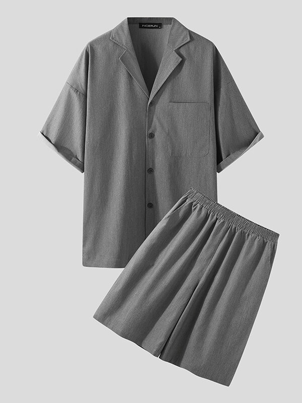 Plus Size Mens Plain Color Camp Collar Shirt & Shorts Co-ords