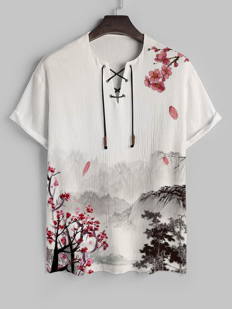 

Mens Chinese Landscape Ink Painting Lace-Up Short Sleeve T-Shirts, White