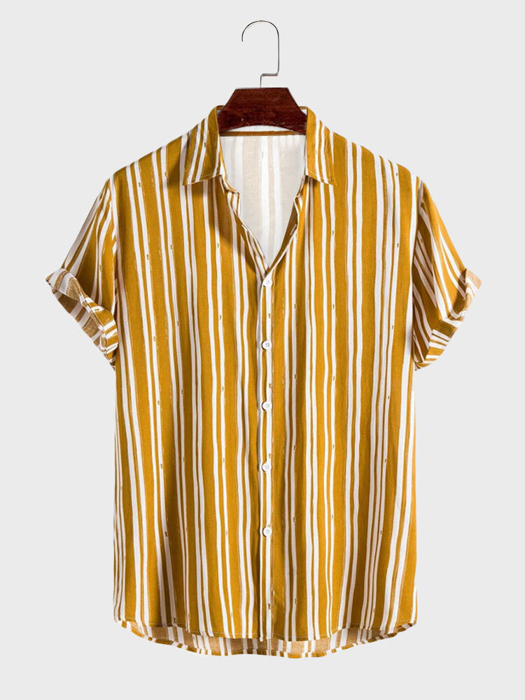

Mens Striped Lapel Collar Casual Short Sleeve Shirts, Yellow