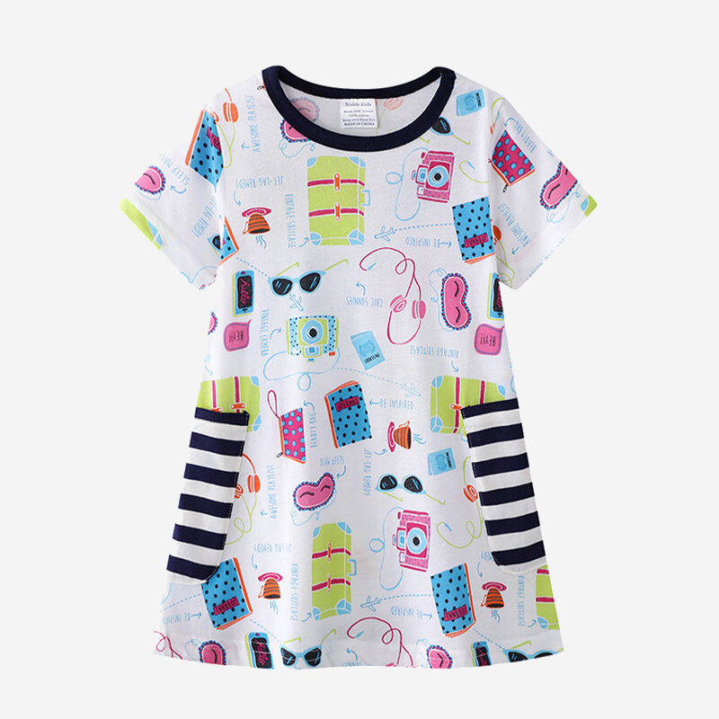Girl's Cute Cartoon Striped Print Short Sleeves Casual Dress For 1-8Y