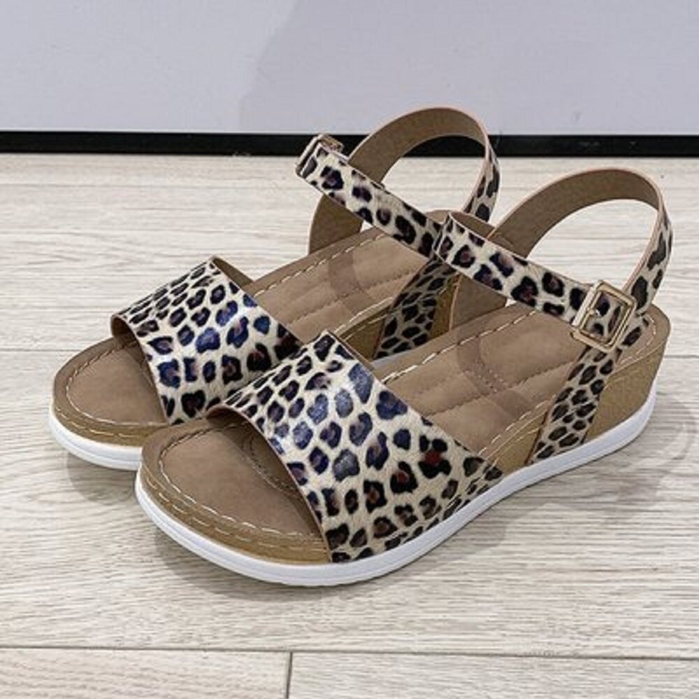 Women Leopard Print Platform Buckle Strap Casual Wedges Sandals
