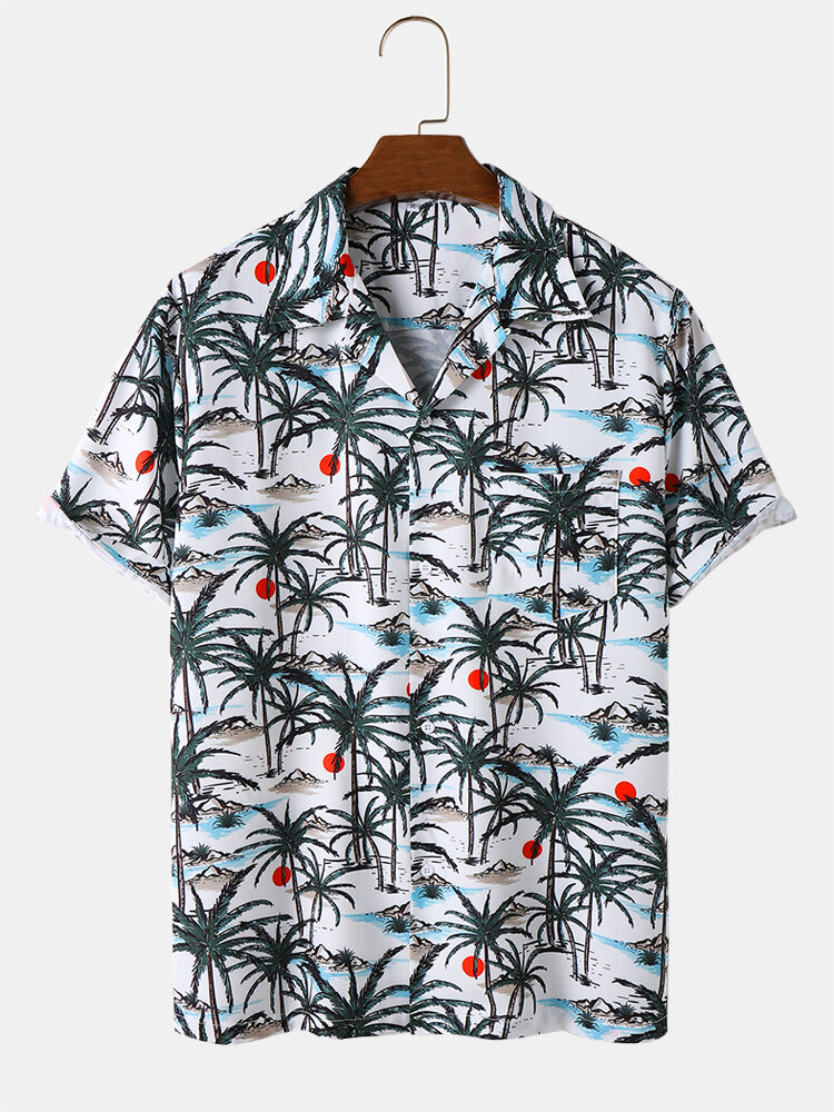 Camisas masculinas de manga curta com impressão de paisagem de palmeira gola revere