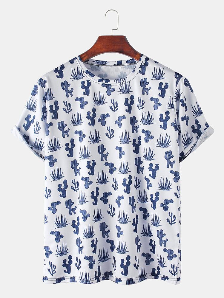 Mens Cactus Printed Round Neck Casual Short Sleeve T-shirts