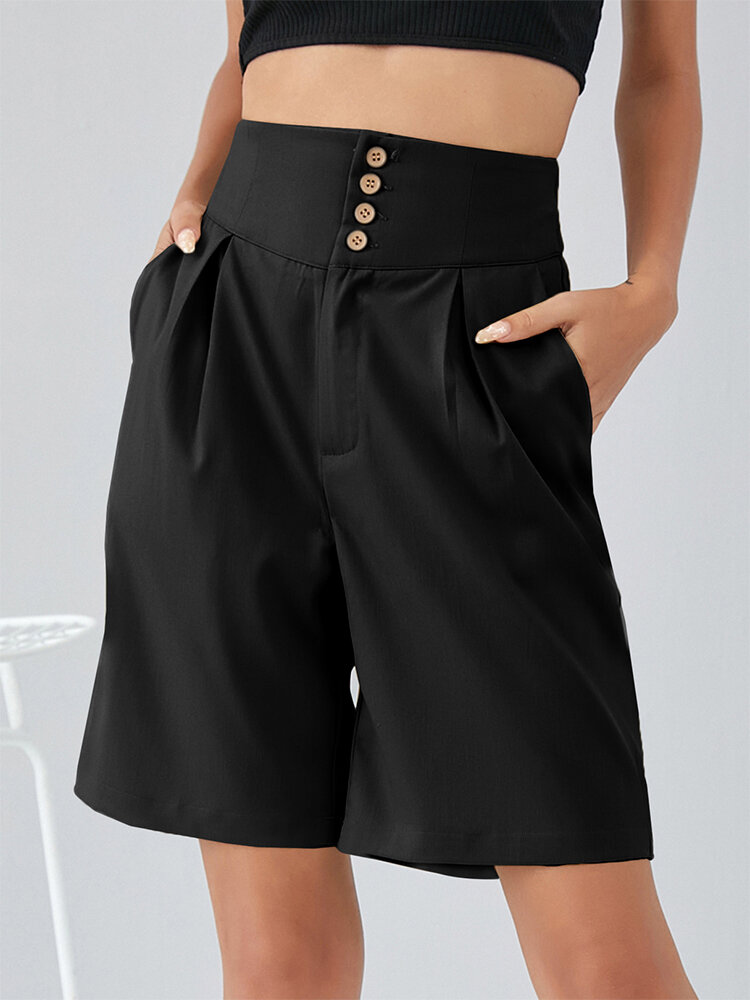 Plain Button Front High Waist Bermuda Shorts with Pocket