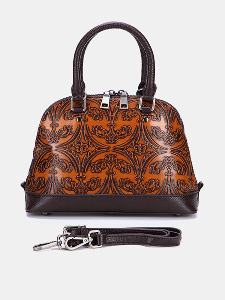 Brenice Genuine Leather Vintage Brush Color Handbag Embossed Women Shell Shoulder Bag 