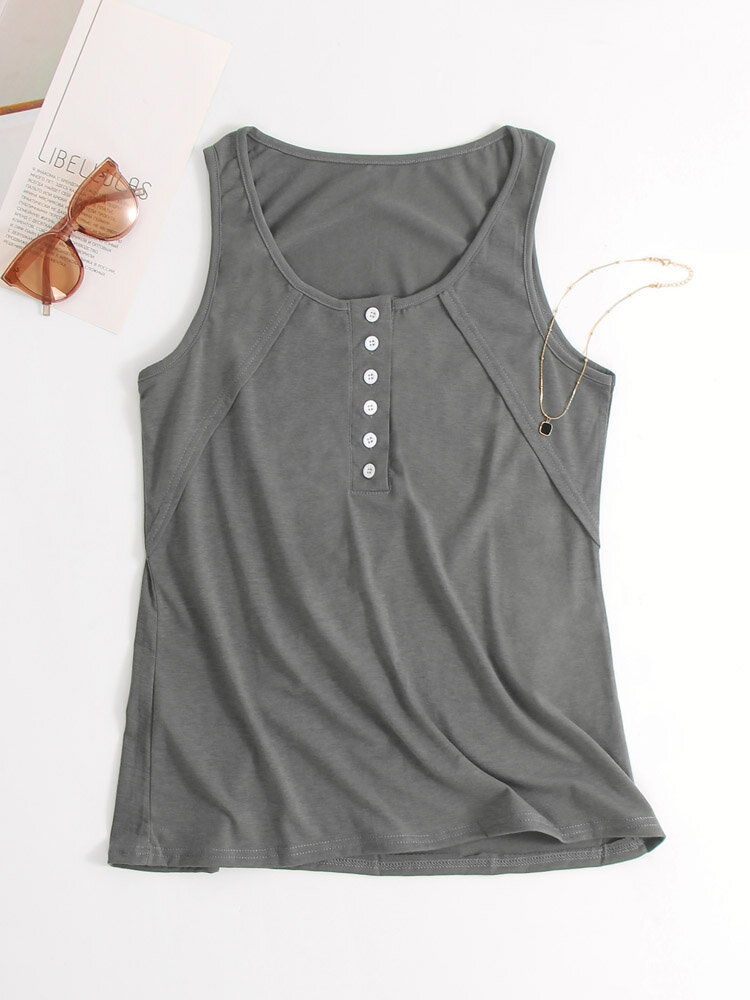 Solid Button Sleeveless Crew Neck Casual Tank Top
