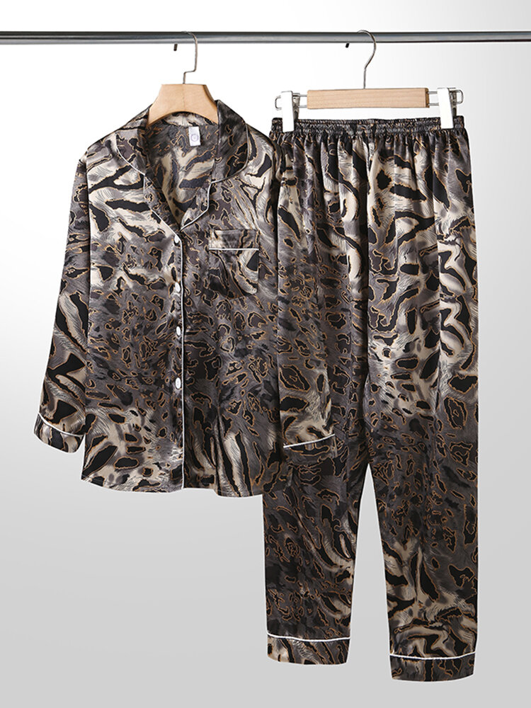 Plus Size Women Ice Silk Allover Leopard Print Revere Collar Long Pajamas Sets
