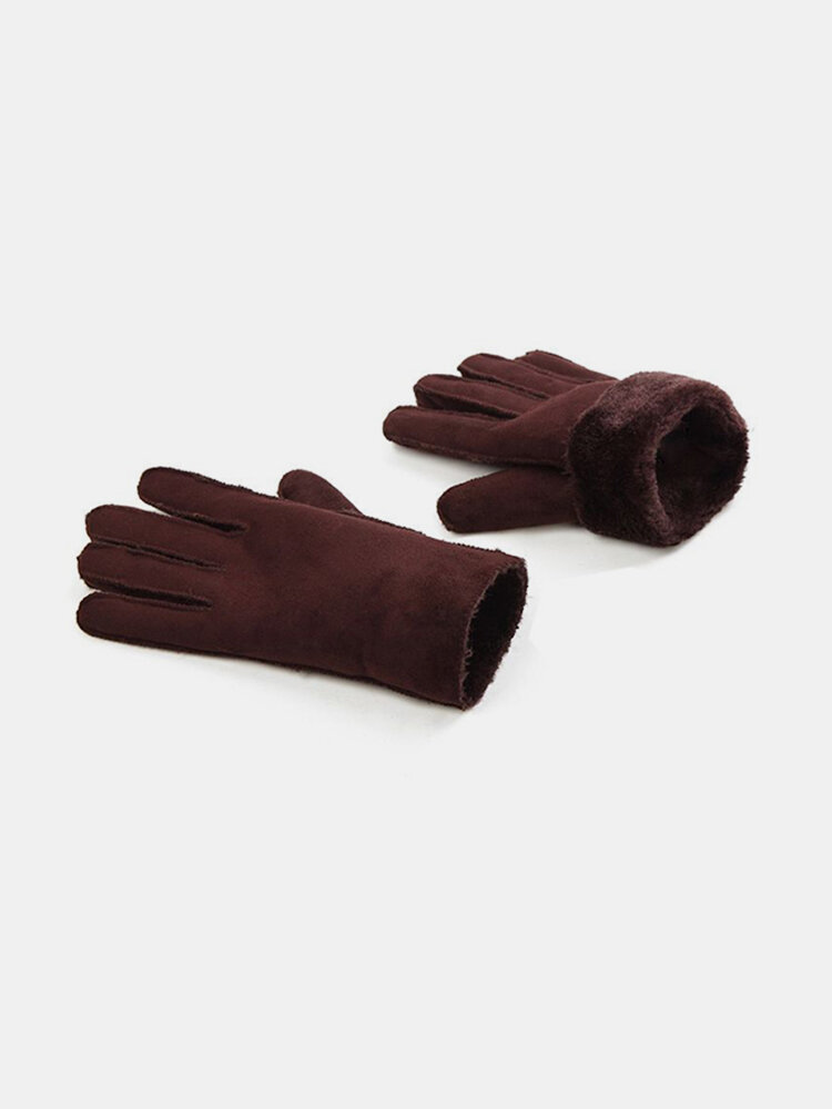 Men Women Suede Full Finger Gloves Outdoor Windproof Warm Plush Inside Wrist Mittens