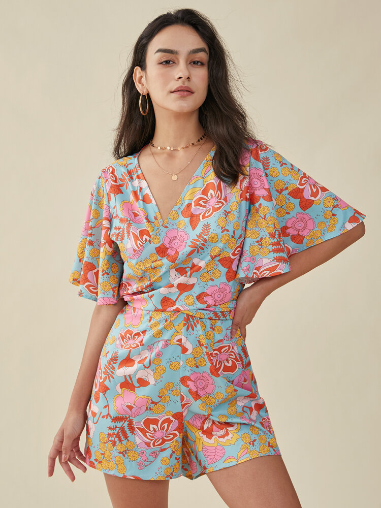 Flower Print Knotted Butterfly Sleeve Cross Front V-neck Romper
