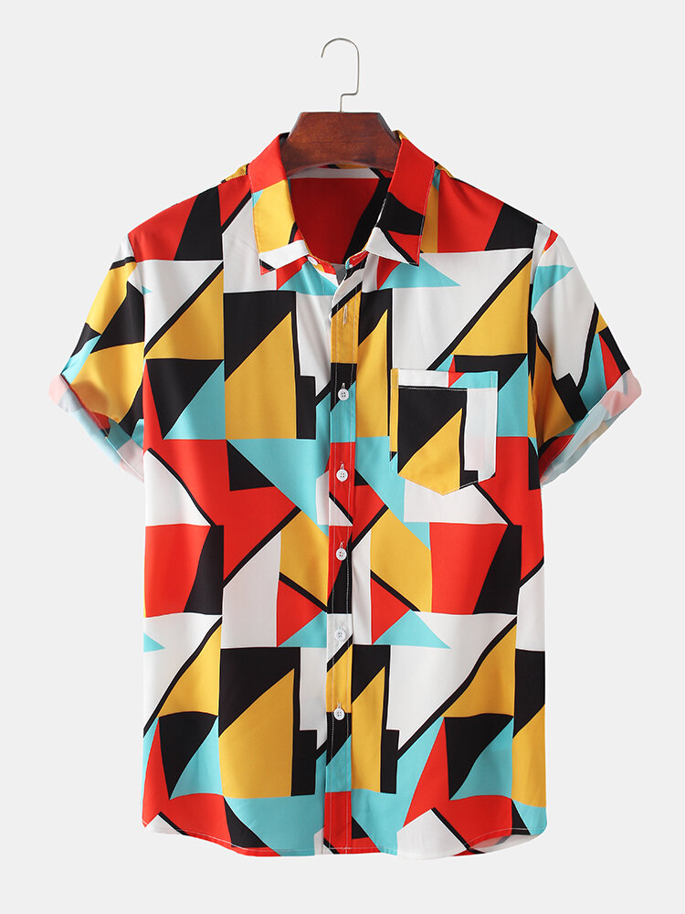 Men Colorful Geometric Color Block Printed Casual Shirt