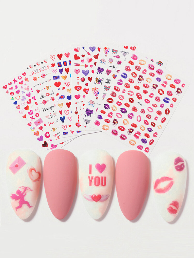 

3D Nail Art Stickers Adhesive Colorful Love Heart Red Lips Rose Valentine's Day Stickers