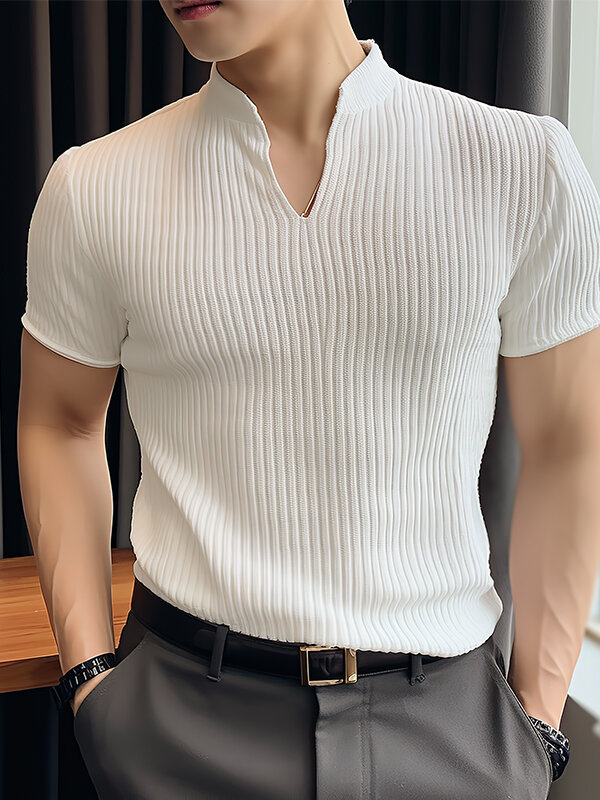 Мужская однотонная вязаная футболка с коротким рукавом и v-образным вырезом