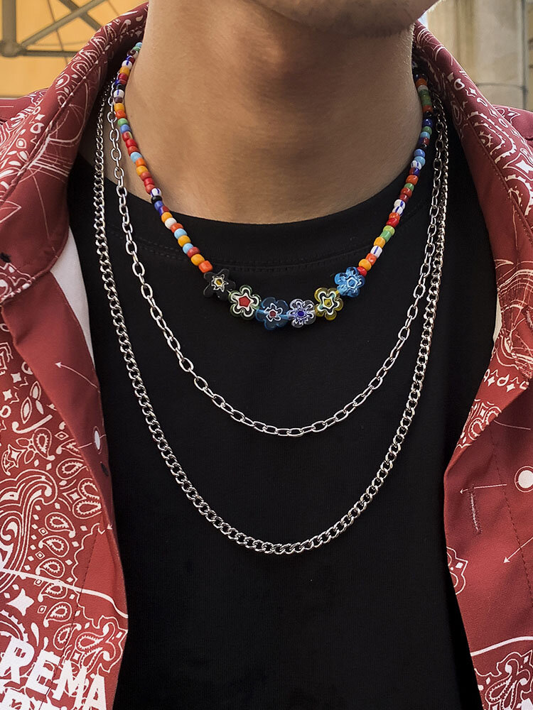 3 Pcs Trendy Fashion Bohemian Multi-layers Colorful Beads Glaze Metal Necklace