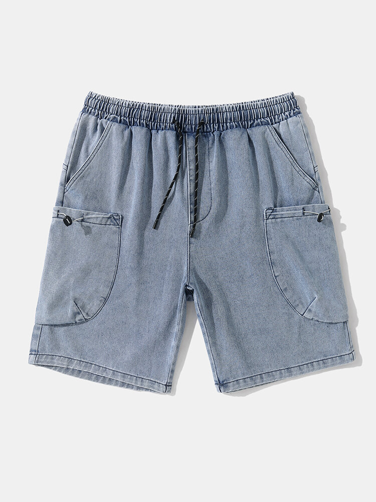 

Men Denim Double Pocket Drawstring Wide Legged Jeans Shorts, Blue