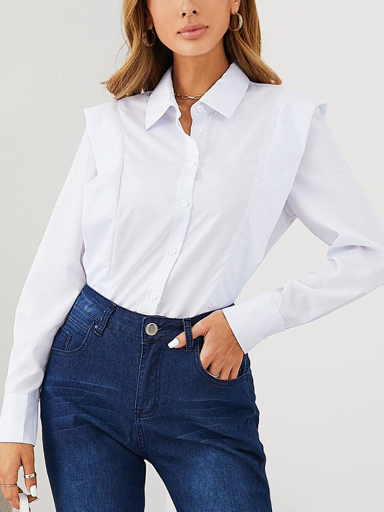 Solid Color Lapel Long Sleeve Button Blouse For Women