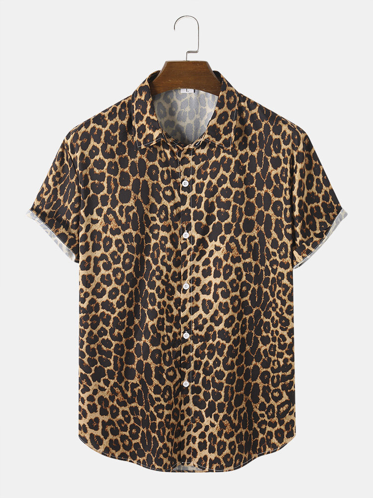 Mens Leopard Print Button Up Street Short Sleeve Shirts