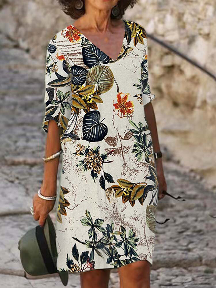 

Women Tropical Floral Plant Print V-Neck Cotton Half Sleeve Dress, Apricot