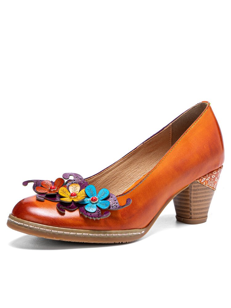 Sокофий Натуральная Кожа Ретро этнические трехмерные цветочные удобные туфли на каблуке